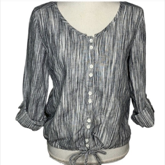 209WST38  Gray/Blue Striped Blouson Button Front Linen Top  Size 8 - Picture 1 of 9